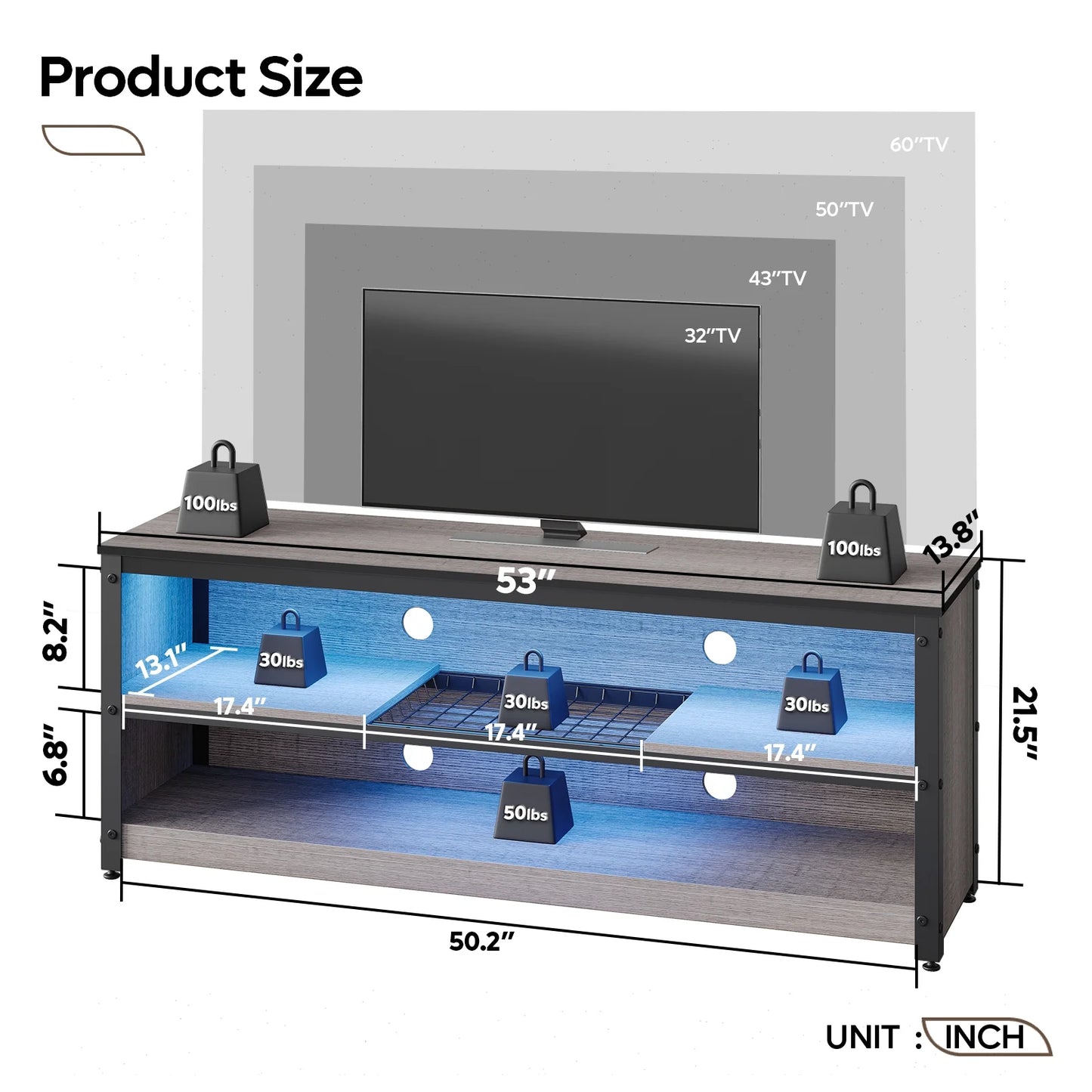 LED TV Stand for 50 55 60 Inch TV, Modern Entertainment Center Media Console with Adjustable Shelf for Living Room Bedroom, Gray