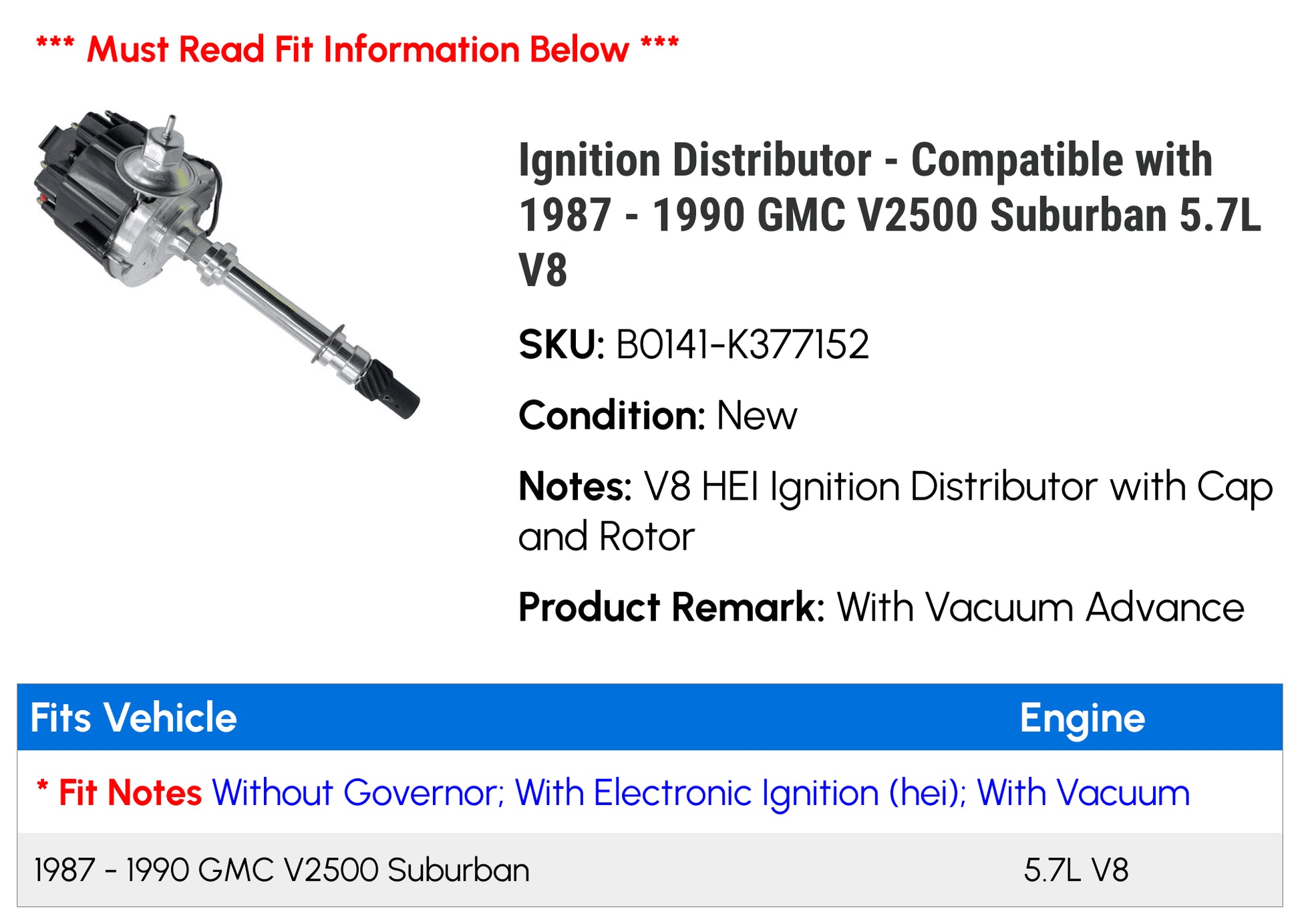 Ignition Distributor - Compatible with 1987 - 1990 GMC V2500 Suburban 5.7L V8 1988 1989