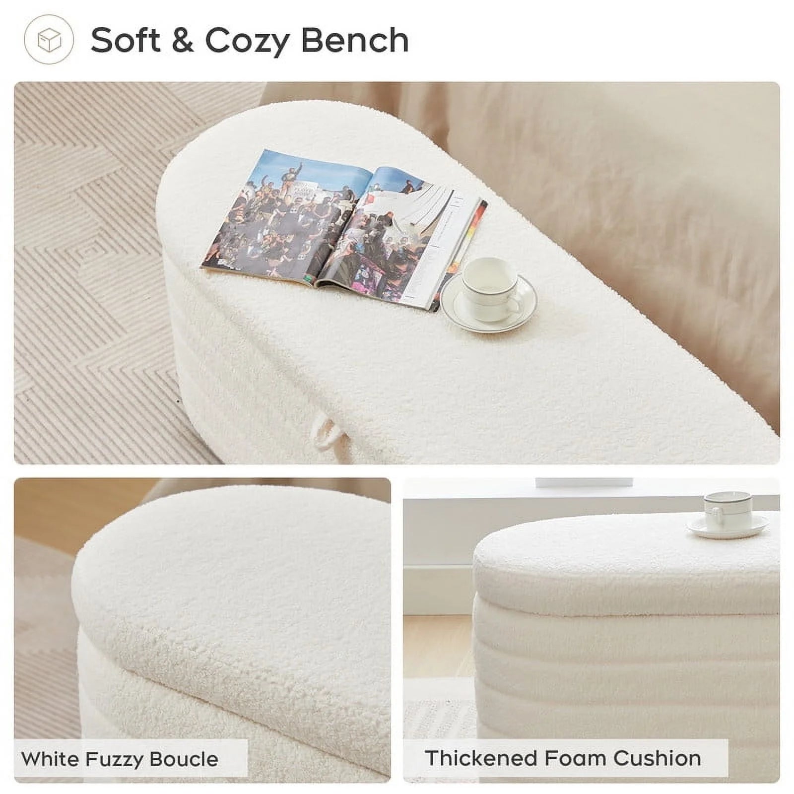 45X16.5 Inch White Teddy Storage Ottoman Bench,Oval Footrest with Anti-Slip Legs