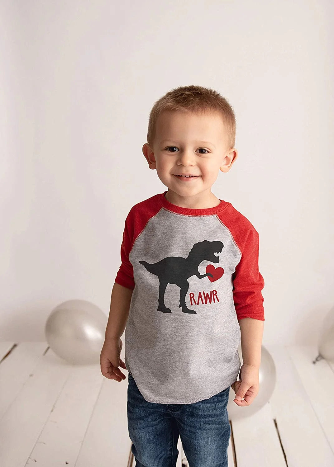Youth Dinosaur Happy Valentine'S Day Red Raglan