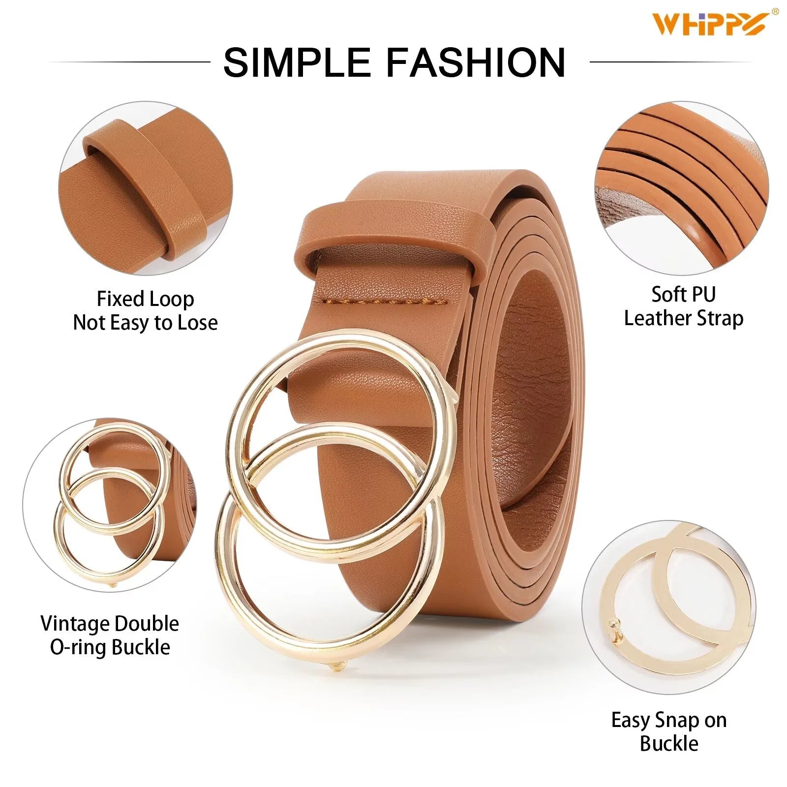 Women Leather Belt with Double Ring Buckle, plus Size Waist Belt for Jeans Dresses