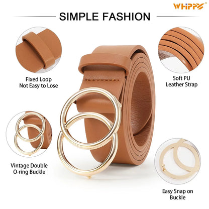 Women Leather Belt with Double Ring Buckle, plus Size Waist Belt for Jeans Dresses