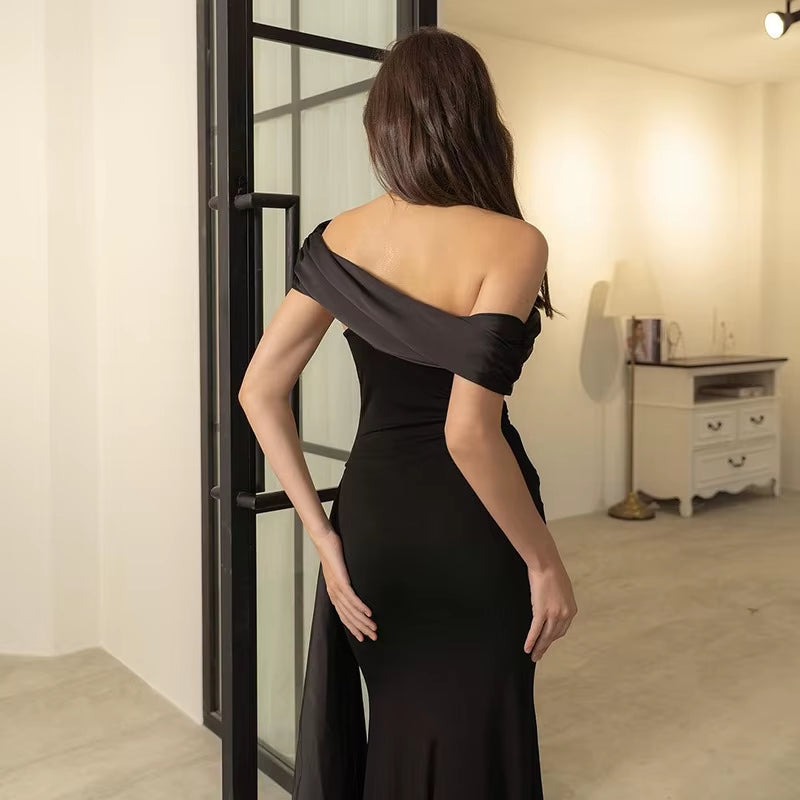 New Party Evening Dresses Elegant Black Slash Neck Maxi Dress for Women Fashion Short Sleeve Bodycon Banquet Vestidos Female all good