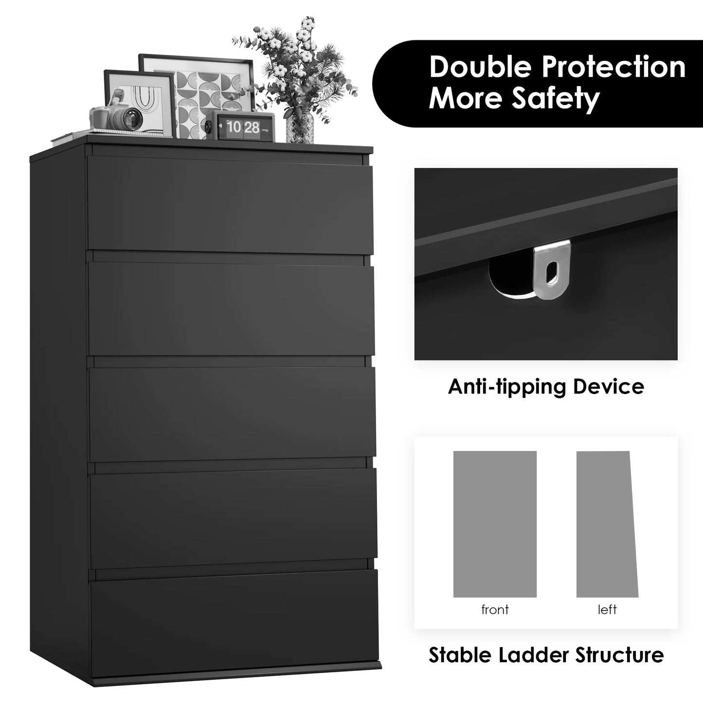 5 Drawer Tall Dresser, Modern Storage Cabinet Wood Bedroom Nightstand for Living Room, Black