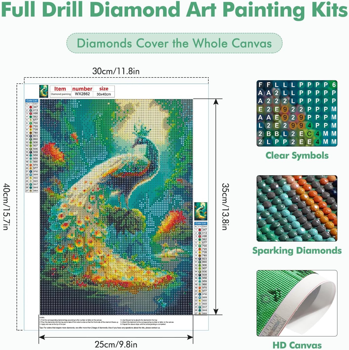 Peacock 2 DIY Art Kit, 5D Diamond Painting for Adults & Kids, 30X20Cm Decor