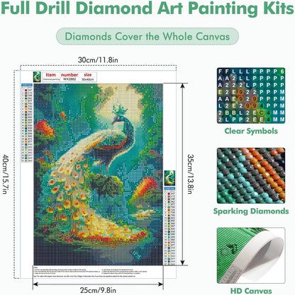 Peacock 2 DIY Art Kit, 5D Diamond Painting for Adults & Kids, 30X20Cm Decor