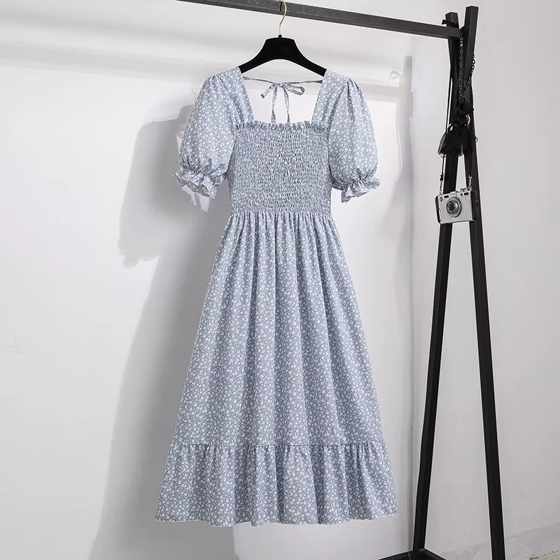 Spring Summer Chiffon Dresses Fashion Female Elastic Waist Short Sleeve Pleated Casual Dress Women A-Line Dresses Vestidos all good