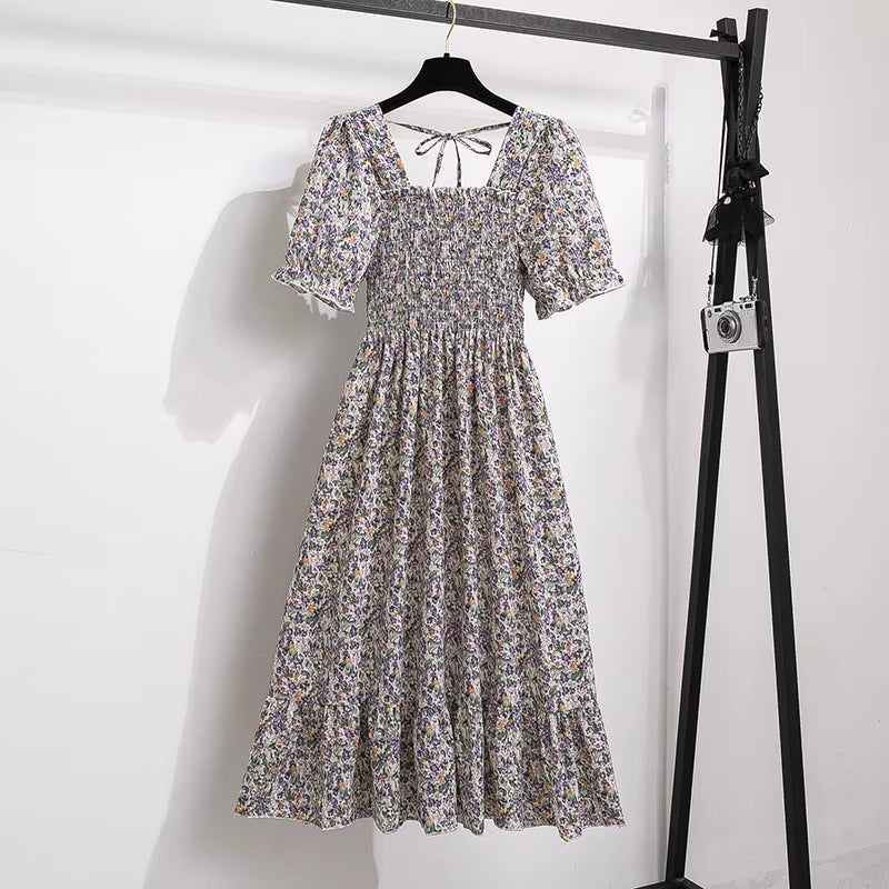 Spring Summer Chiffon Dresses Fashion Female Elastic Waist Short Sleeve Pleated Casual Dress Women A-Line Dresses Vestidos all good