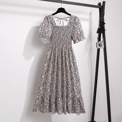 Spring Summer Chiffon Dresses Fashion Female Elastic Waist Short Sleeve Pleated Casual Dress Women A-Line Dresses Vestidos all good
