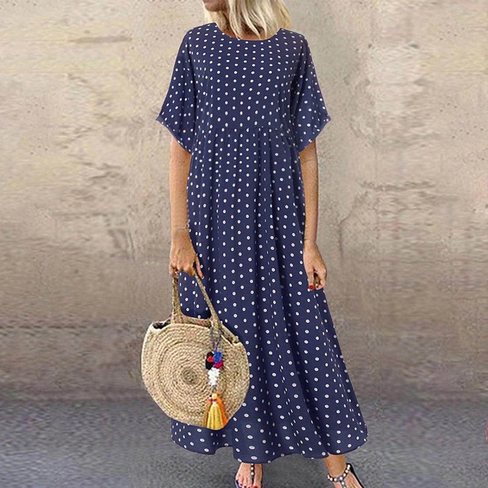 plus Size Summer Dresses Maxi Dresses for Women 2023 Cal Short Sleeve Polka Dot Printed Dress Retro Beach Dress plus Size Flowy Dresses for Women Blue Xl