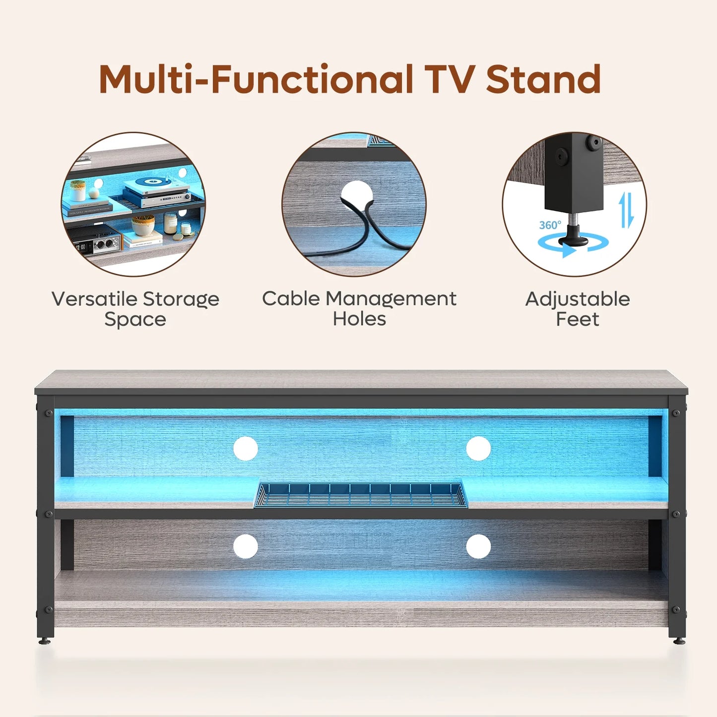 LED TV Stand for 50 55 60 Inch TV, Modern Entertainment Center Media Console with Adjustable Shelf for Living Room Bedroom, Gray