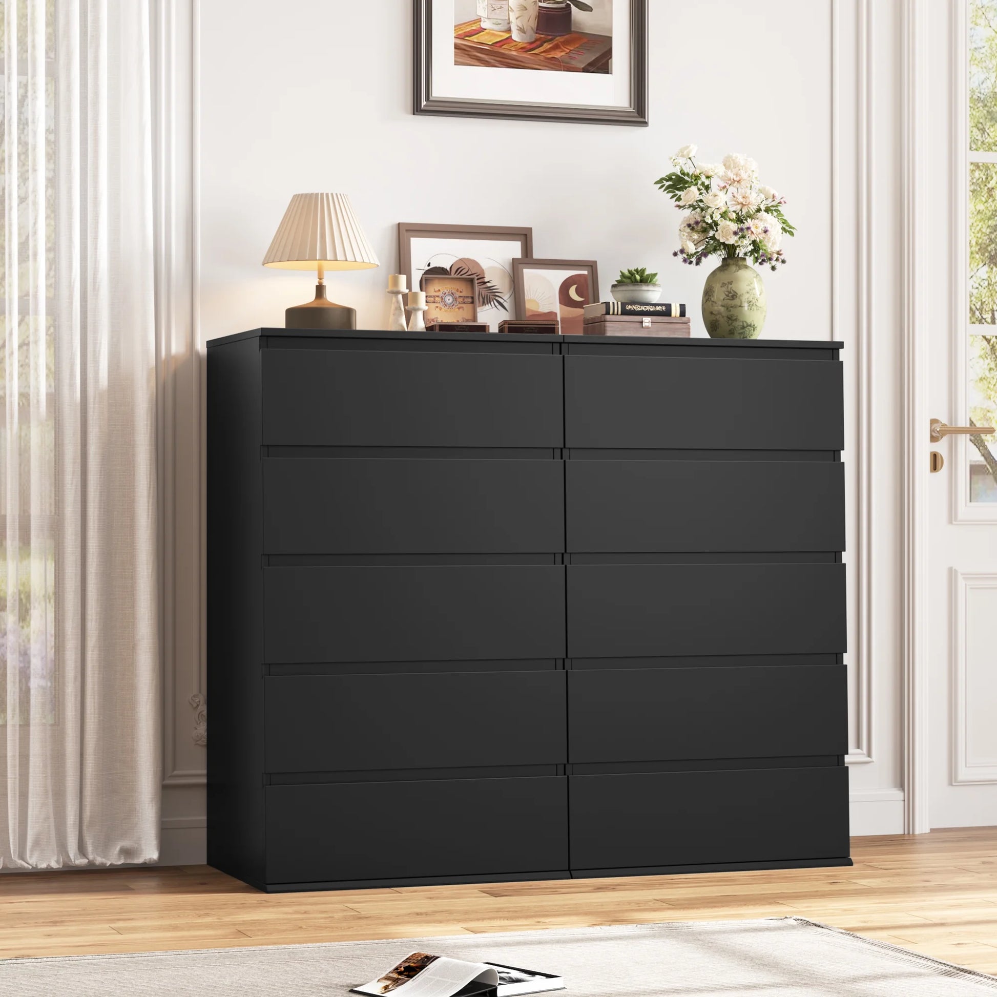 5 Drawer Tall Dresser, Modern Storage Cabinet Wood Bedroom Nightstand for Living Room, Black
