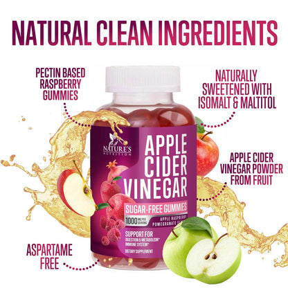 Apple Cider Vinegar Gummies Sugar Free 1000Mg for Cleanse, ACV Gummy Vitamin B12 for Digestion Energy & Immune Health Support, Supports Metabolism, Keto Friendly, Apple Raspberry Flavor - 120 Gummies