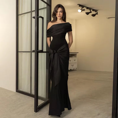 New Party Evening Dresses Elegant Black Slash Neck Maxi Dress for Women Fashion Short Sleeve Bodycon Banquet Vestidos Female all good