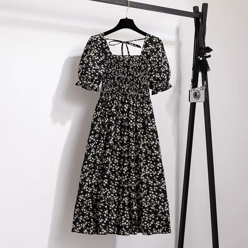 Spring Summer Chiffon Dresses Fashion Female Elastic Waist Short Sleeve Pleated Casual Dress Women A-Line Dresses Vestidos all good