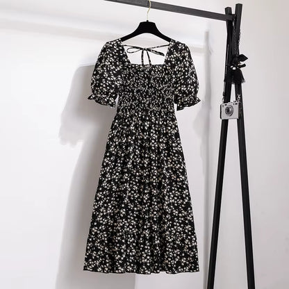 Spring Summer Chiffon Dresses Fashion Female Elastic Waist Short Sleeve Pleated Casual Dress Women A-Line Dresses Vestidos all good
