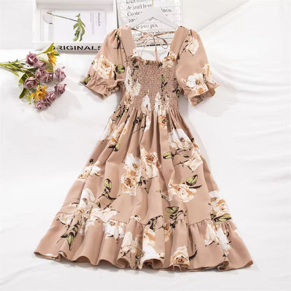 Spring Summer Chiffon Dresses Fashion Female Elastic Waist Short Sleeve Pleated Casual Dress Women A-Line Dresses Vestidos all good