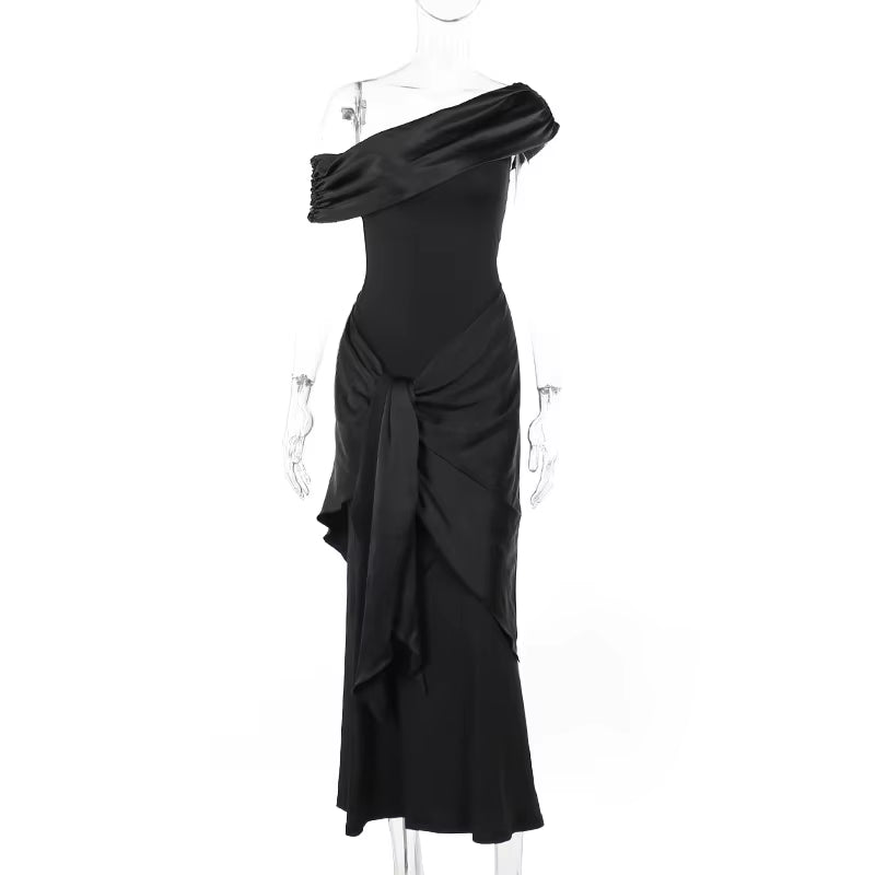 New Party Evening Dresses Elegant Black Slash Neck Maxi Dress for Women Fashion Short Sleeve Bodycon Banquet Vestidos Female all good