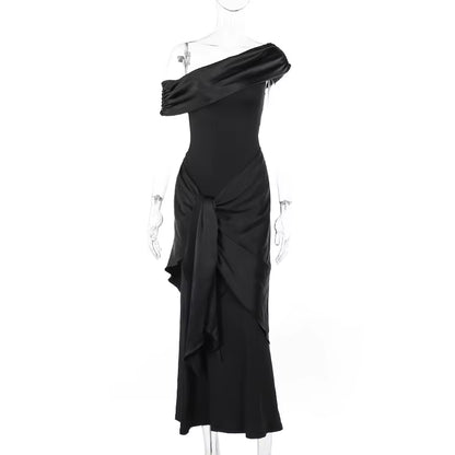 New Party Evening Dresses Elegant Black Slash Neck Maxi Dress for Women Fashion Short Sleeve Bodycon Banquet Vestidos Female all good