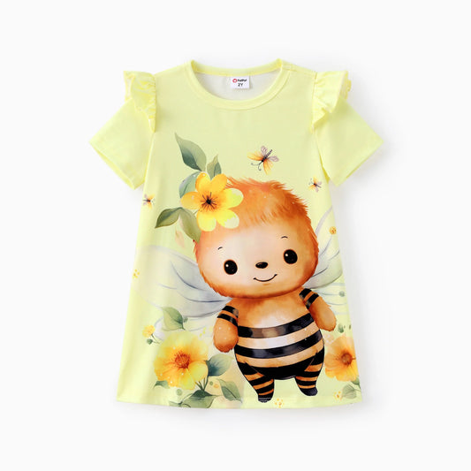 Toddler Girls Dresses Kids Clothes Animal Print Short Sleeve Ruffled Dress, Yellow, 5-6 Years