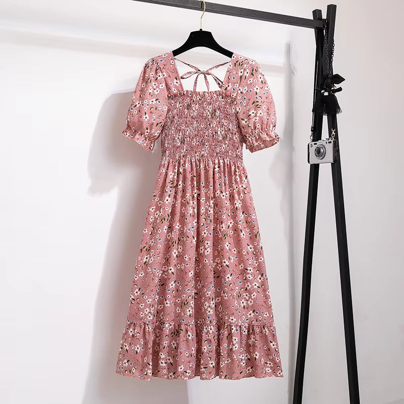 Spring Summer Chiffon Dresses Fashion Female Elastic Waist Short Sleeve Pleated Casual Dress Women A-Line Dresses Vestidos all good
