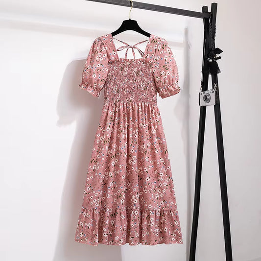 Spring Summer Chiffon Dresses Fashion Female Elastic Waist Short Sleeve Pleated Casual Dress Women A-Line Dresses Vestidos all good