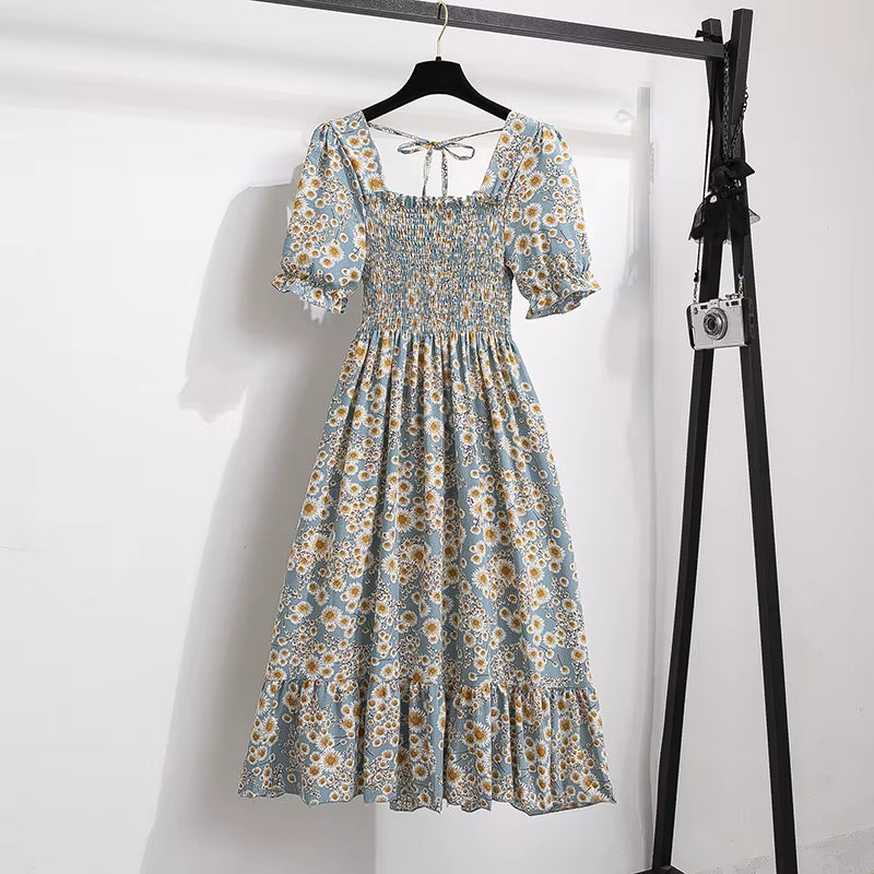 Spring Summer Chiffon Dresses Fashion Female Elastic Waist Short Sleeve Pleated Casual Dress Women A-Line Dresses Vestidos all good