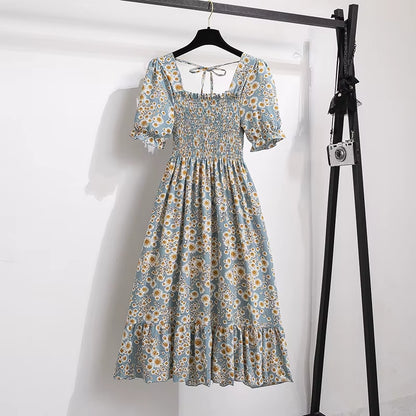 Spring Summer Chiffon Dresses Fashion Female Elastic Waist Short Sleeve Pleated Casual Dress Women A-Line Dresses Vestidos all good