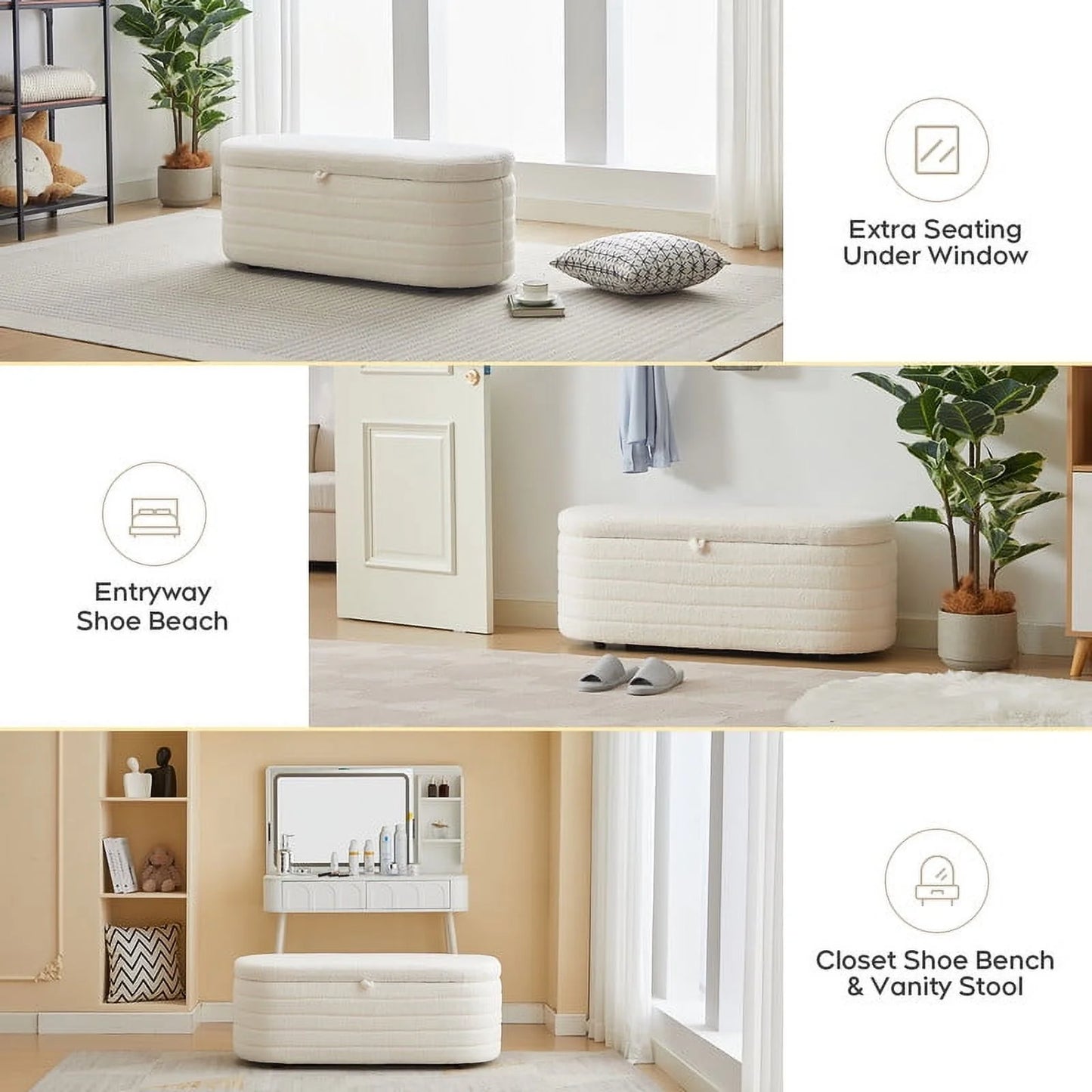 45X16.5 Inch White Teddy Storage Ottoman Bench,Oval Footrest with Anti-Slip Legs