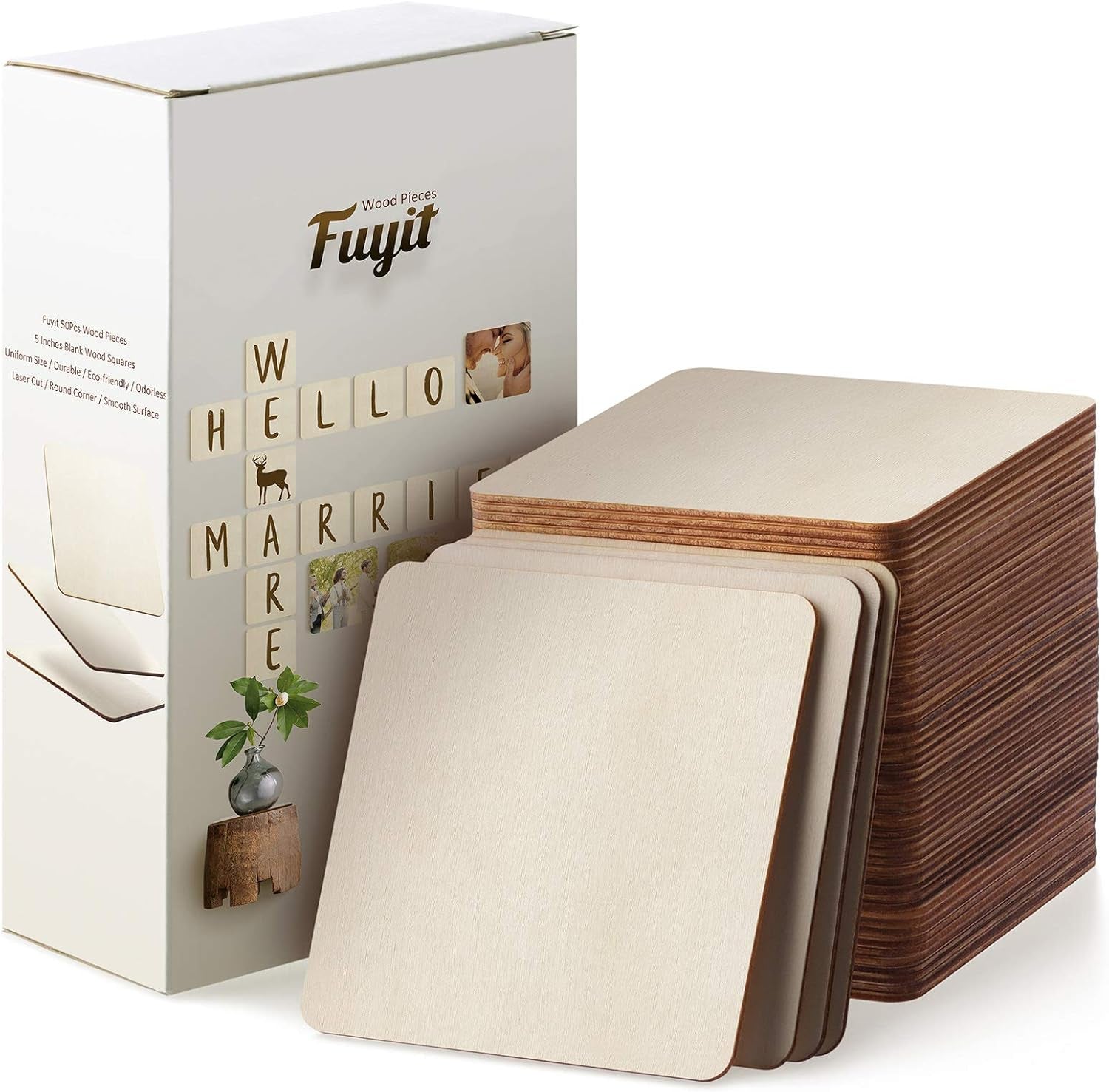 Fuyit Unfinished Wood Pieces, 50Pcs 6 X 6 Inch Blank Natural Wood Square Wooden Cutouts Board for DIY Crafts Painting, Scrabble Tiles, Coasters, Decoration