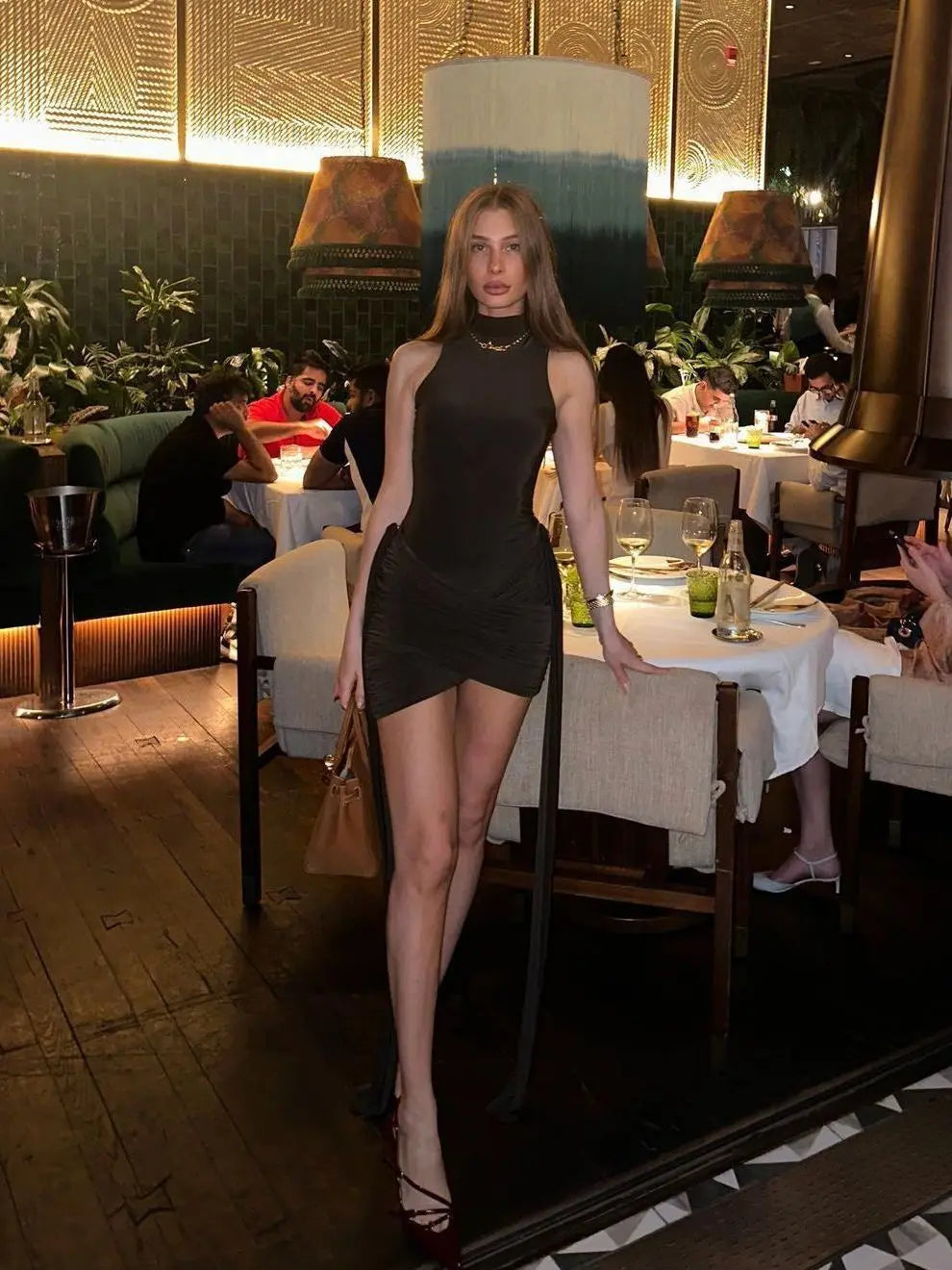 Elegant Sleeveless High Neck Elastic Slim Lace up Dress Women Tight Party Club Evening Dress Elegant Short Dress Vestido all good