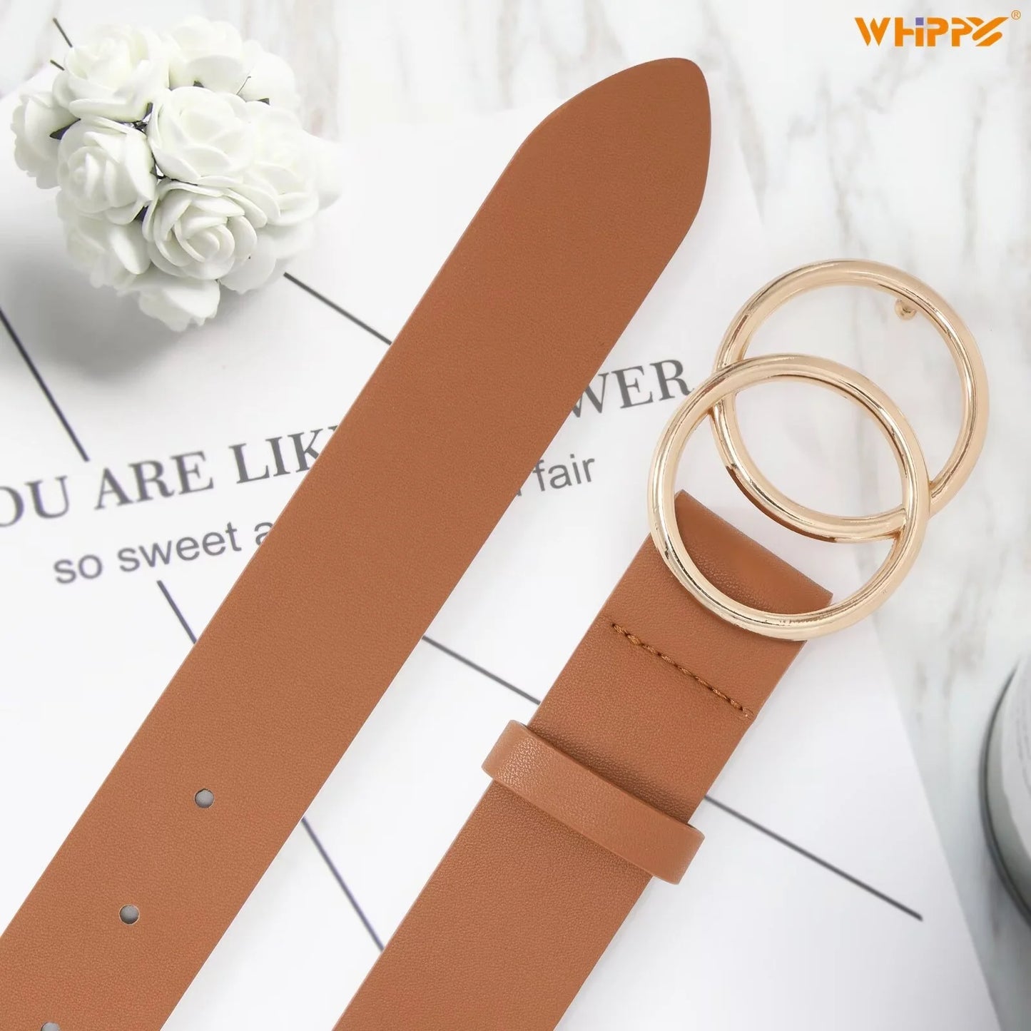 Women Leather Belt with Double Ring Buckle, plus Size Waist Belt for Jeans Dresses