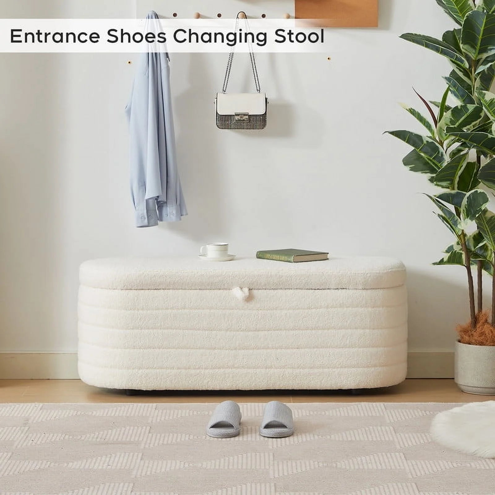 45X16.5 Inch White Teddy Storage Ottoman Bench,Oval Footrest with Anti-Slip Legs