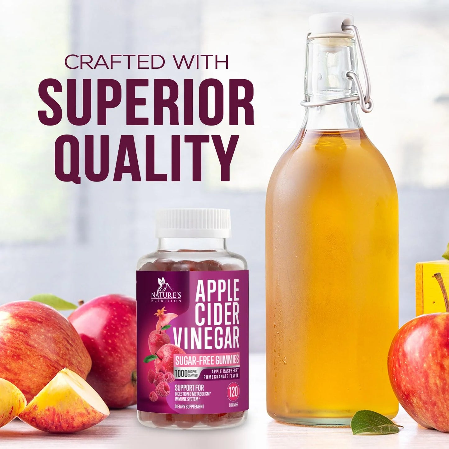 Apple Cider Vinegar Gummies Sugar Free 1000Mg for Cleanse, ACV Gummy Vitamin B12 for Digestion Energy & Immune Health Support, Supports Metabolism, Keto Friendly, Apple Raspberry Flavor - 120 Gummies