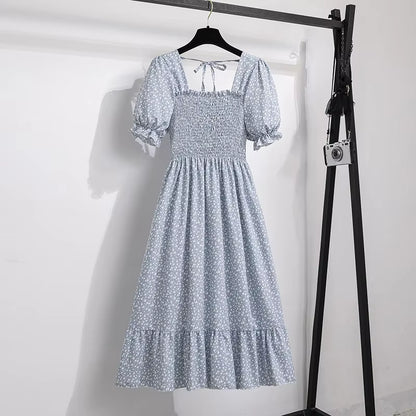 Spring Summer Chiffon Dresses Fashion Female Elastic Waist Short Sleeve Pleated Casual Dress Women A-Line Dresses Vestidos all good