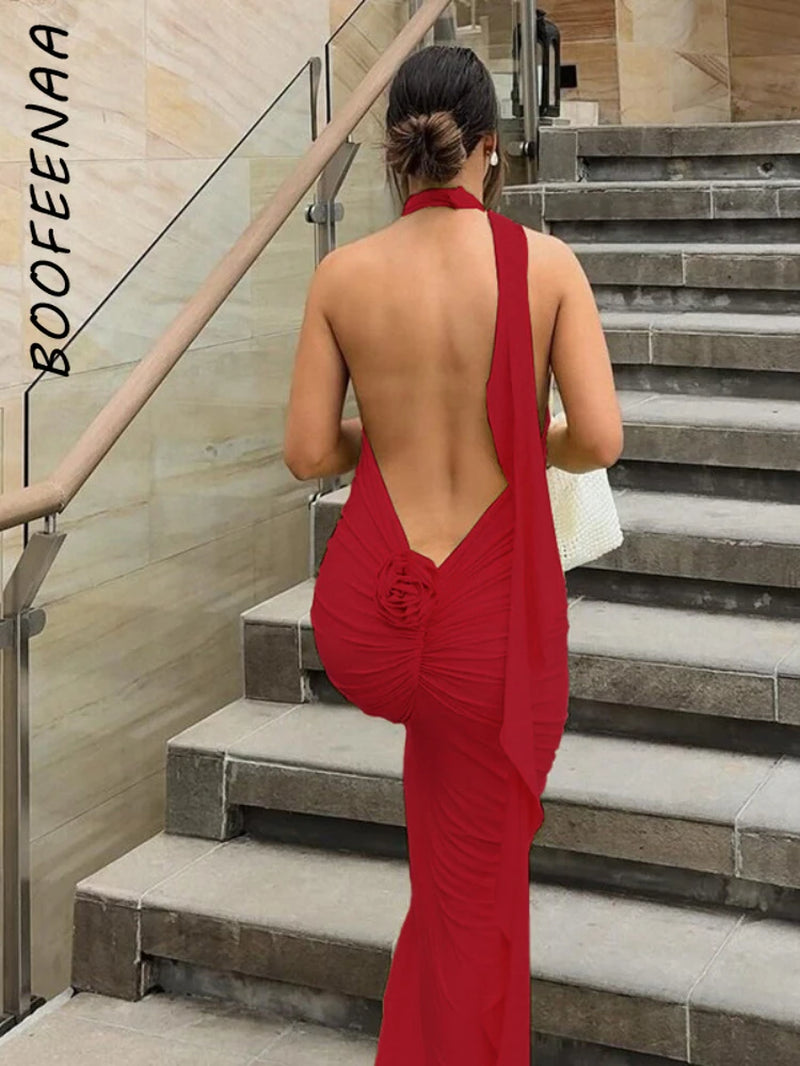 Long Party Dresses for Women Elegant Sexy Floral-Applique Halter Backless Maxi Dress Summer Clothes 2024 C83-CE37 all good
