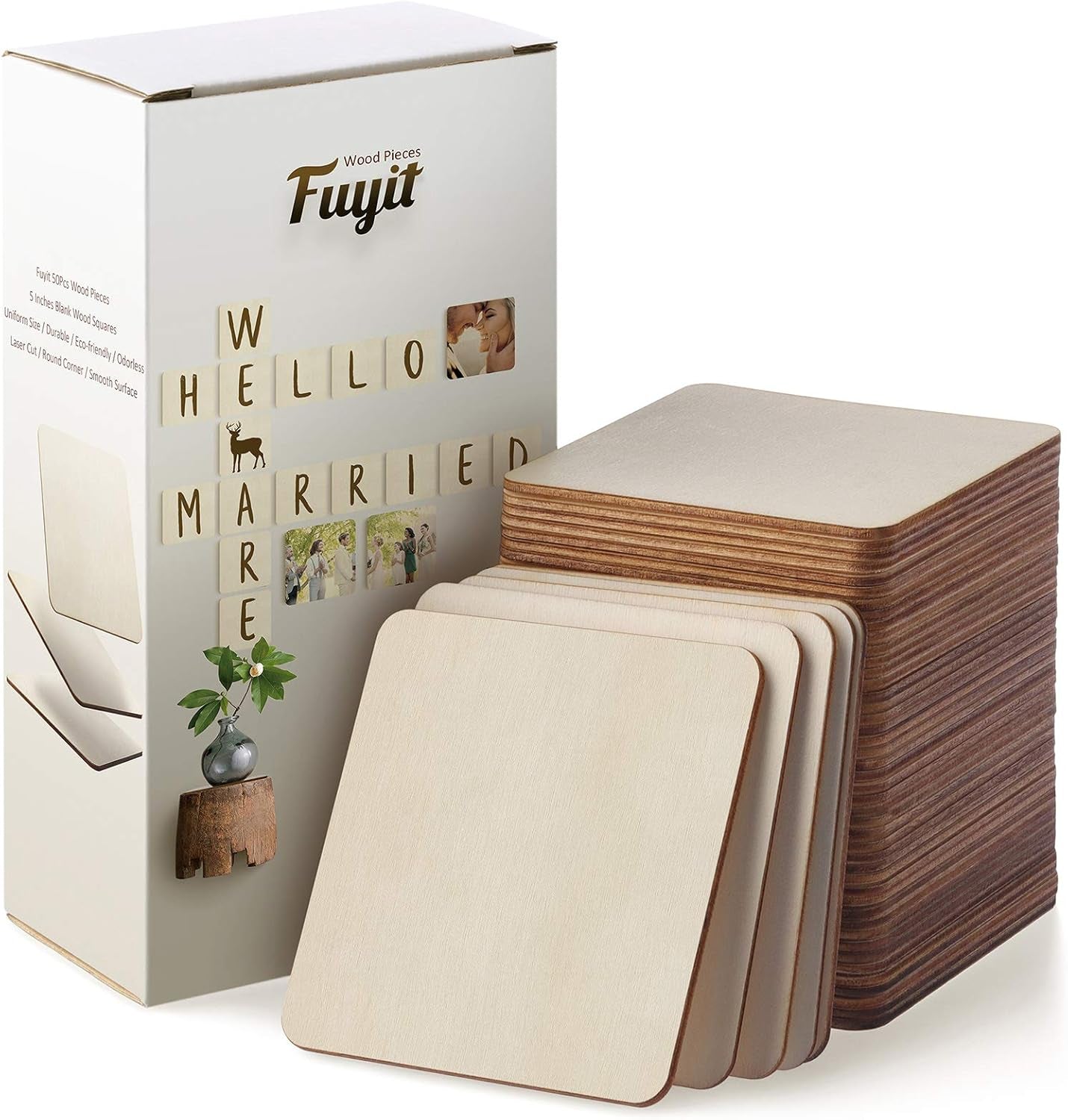 Fuyit Unfinished Wood Pieces, 50Pcs 6 X 6 Inch Blank Natural Wood Square Wooden Cutouts Board for DIY Crafts Painting, Scrabble Tiles, Coasters, Decoration
