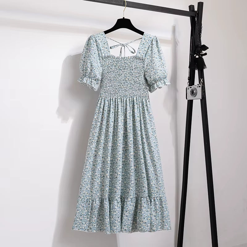 Spring Summer Chiffon Dresses Fashion Female Elastic Waist Short Sleeve Pleated Casual Dress Women A-Line Dresses Vestidos all good