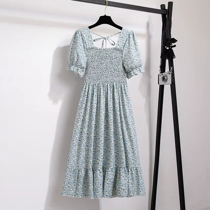 Spring Summer Chiffon Dresses Fashion Female Elastic Waist Short Sleeve Pleated Casual Dress Women A-Line Dresses Vestidos all good