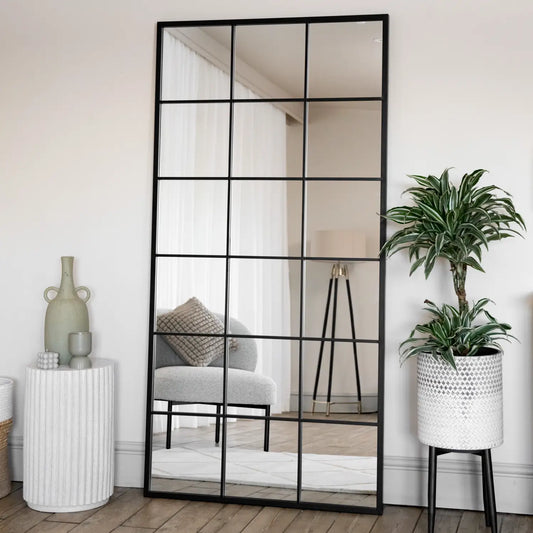 Kyō - Full Length Black Metal Rectangle Lattice Window Mirror - 180cm x 90cm-0